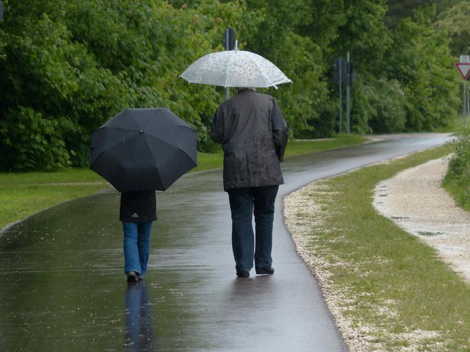 dva lidé jdoucí s deštníky v dešti – jeden dospělý a jedno dítě